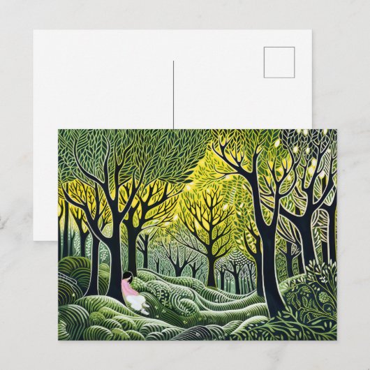 Slapende vrouw in het bos. Abstract linoleum kunst Feestdagenkaart (Voorkant / Achterkant)