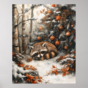 Slapende Wasbeer Whimsical Landelijke Kerstmis Poster