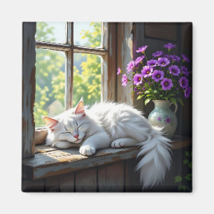 Slapende witte kat en paarse bloemen magneet