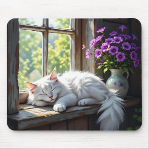 Slapende witte kat en paarse bloemen muismat