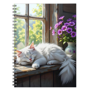 Slapende witte kat en paarse bloemen  notitieboek