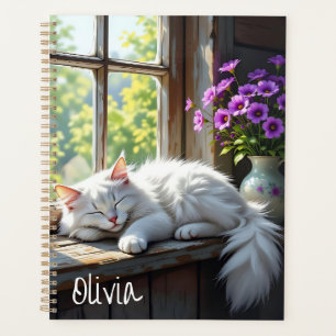 Slapende Witte Kat en Paarse Bloemen Persoonlijk Planner