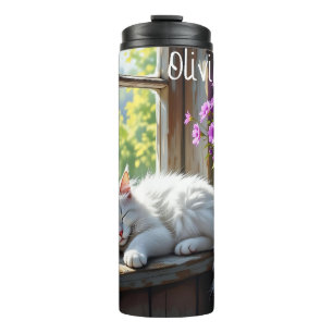 Slapende Witte Kat en Paarse Bloemen Persoonlijk Thermosbeker