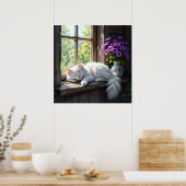 Slapende witte kat en paarse bloemen  poster (Keuken)