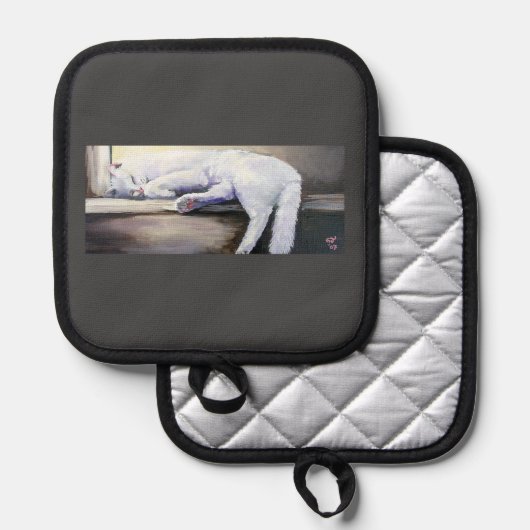 Slapende witte kat oven wanten & Pot Houders (Voorkant / Achterkant)