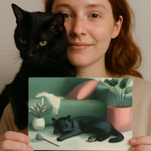 Slapende Zwarte Kat / Kattenkruid Dromen  Briefkaart