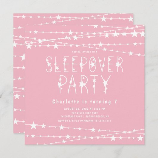 Slapepover Stars Birthday Party Invitation Kaart (Voorkant / Achterkant)