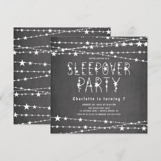 Slapepover Stars Birthday Party Invitation Kaart (Voorkant / Achterkant)