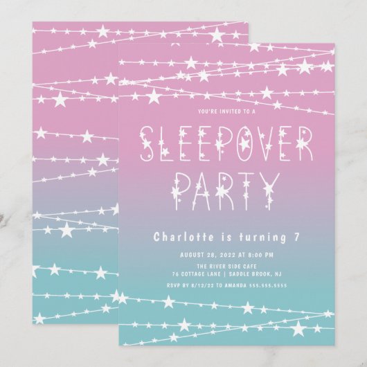 Slapepover Stars Birthday Party Invitation Kaart (Voorkant / Achterkant)