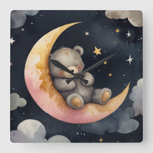 Slaperig Beer op de maan Vierkante Klok (Voorkant)