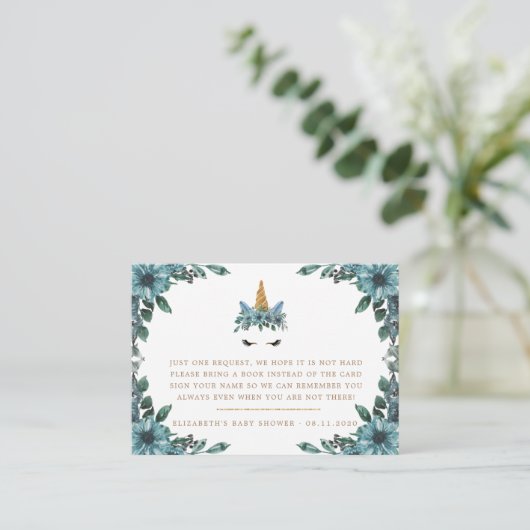 Slaperig eenhoorn blauw bloemig baby shower informatiekaartje (Staand voorkant)