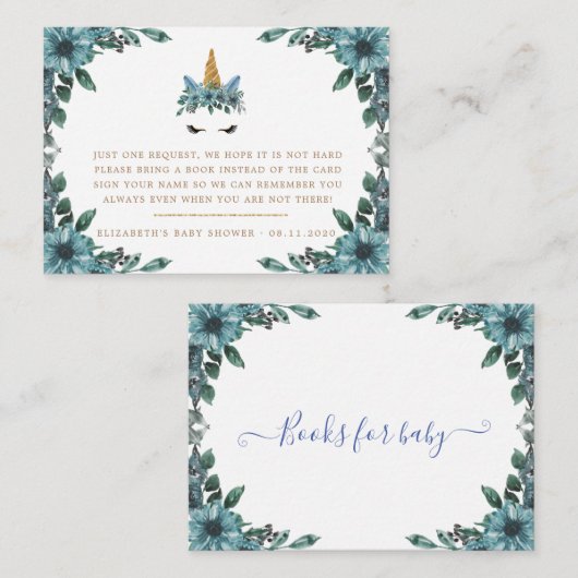 Slaperig eenhoorn blauw bloemig baby shower informatiekaartje (Voorkant / Achterkant)