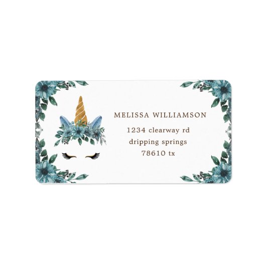 slaperig eenhoorn blauw bloemige terugkeer adresla etiket (Voorkant)