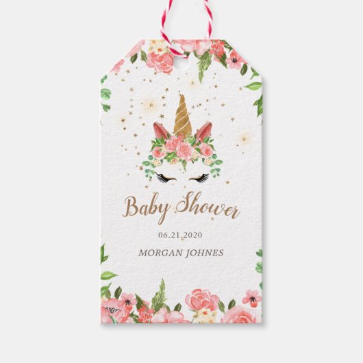 Slaperig eenhoorn blozen floraal baby shower monog cadeaulabel (Voorkant)