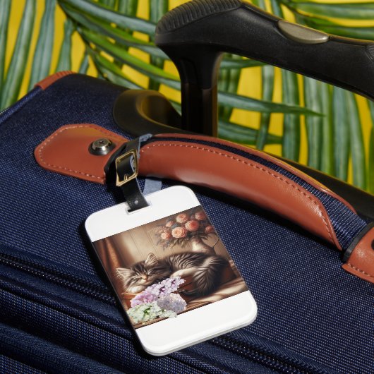 Slaperig Kat op koffer met bloemen Bagagelabel (Voorkant Insitu 1)