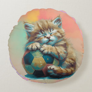 Slaperig Kitten met Voetbal – Schattige Sportliefh Rond Kussen