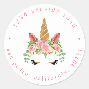 slaperig unicorn blush floral Return Address Ronde Sticker