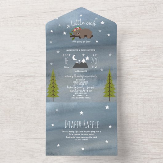 Slaperige Beer Baby shower van schouderblad All In One Uitnodiging (Binnen)