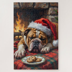 Slaperige Bulldog Hond Snel in Slaap Kerstman Hoed Legpuzzel