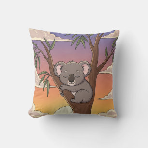Slaperige Cartoon Koala op Boom bij Zonsondergang Kussen