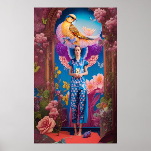 Slaperige dame in blauwe pyjama poster (Voorkant)