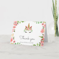 Slaperige eenhoorn gezicht blush floral bedankaart
