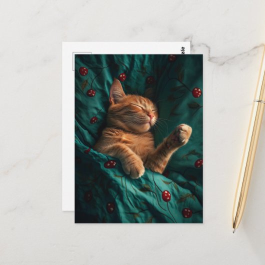 Slaperige Gemberkat Onder de Dekens Briefkaart (Voorkant / Achterkant in situ)