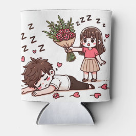 Slaperige jongen en meisje met bloemen blikjeskoeler