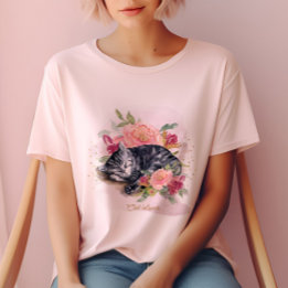 Slaperige kat en roze bloemen meisje's t-shirt