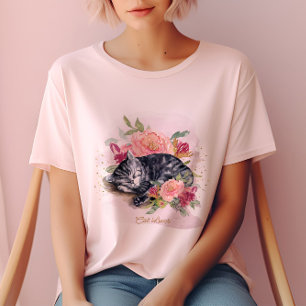 Slaperige kat en roze bloemen meisje's t-shirt