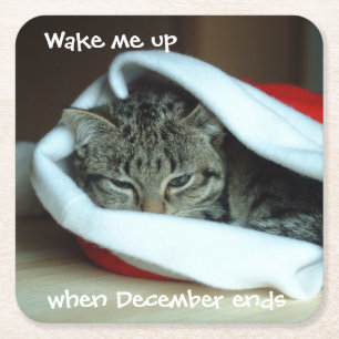 Slaperige kat in Kerstmanhoed Schattig Kartonnen Onderzetters