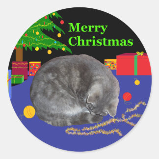 Slaperige kat Kerst-sticker Ronde Sticker