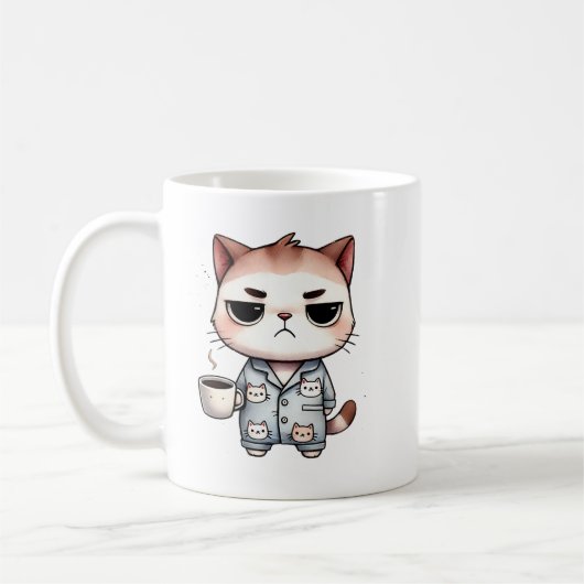 Slaperige kat met koffie, Grumpy Kitten, Pyjama Ca Koffiemok (Links)