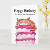 Slaperige kat op cake verjaardagskaart kaart (Gele Bloem)