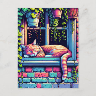 Slaperige Kat op Vensterbank Ai Kunst Briefkaart