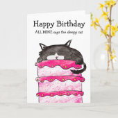 Slaperige kat verjaardagstaart kaart (Gele Bloem)