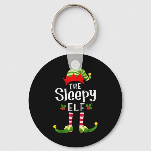 Slaperige Kerstelf Matching Pyjama Kerstfeest Sleutelhanger (Voorkant)