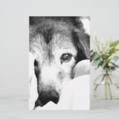 slaperige knuffel hond op bed zwart wit briefpapier (Staand voorkant)