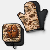 Slaperige koffieboonoven, mint en pannenlap set de (Voorkant / Achterkant)