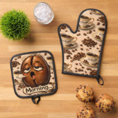 Slaperige koffieboonoven, mint en pannenlap set de (Top down)