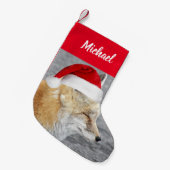 Slaperige rode vos met rode kerstmuts met naam kleine kerstsok (Voorkant (Hangend))