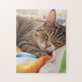 Slaperige tabby kat op kleurrijke lakens legpuzzel