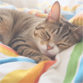 Slaperige tabby kat op kleurrijke lakens sticker (Voorkant)