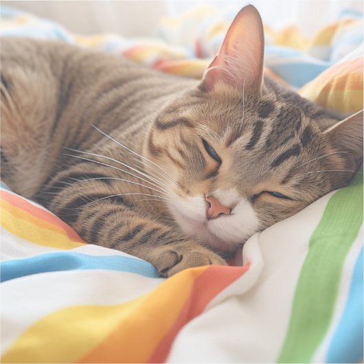 Slaperige tabby kat op kleurrijke lakens sticker (Voorkant)