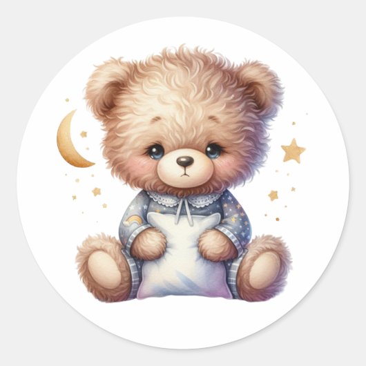 Slaperige teddy met kussen ronde sticker (Voorkant)