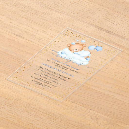 Slaperige Teddybeer Bijna Wacht Jongens Baby Showe Acryl Uitnodigingen (Laagn)