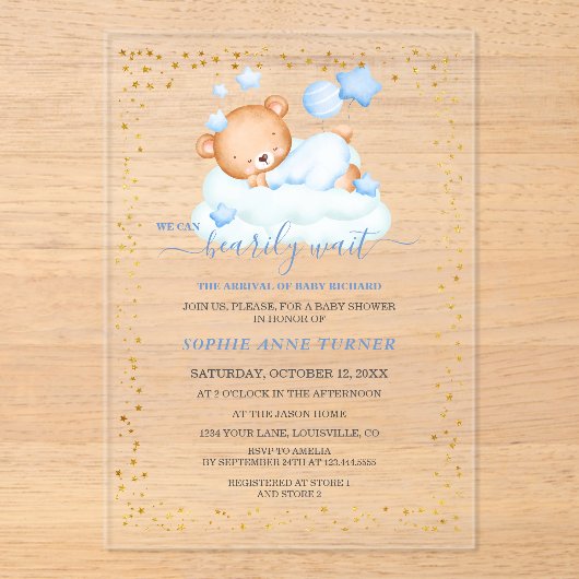 Slaperige Teddybeer Bijna Wacht Jongens Baby Showe Acryl Uitnodigingen (Voorkant)
