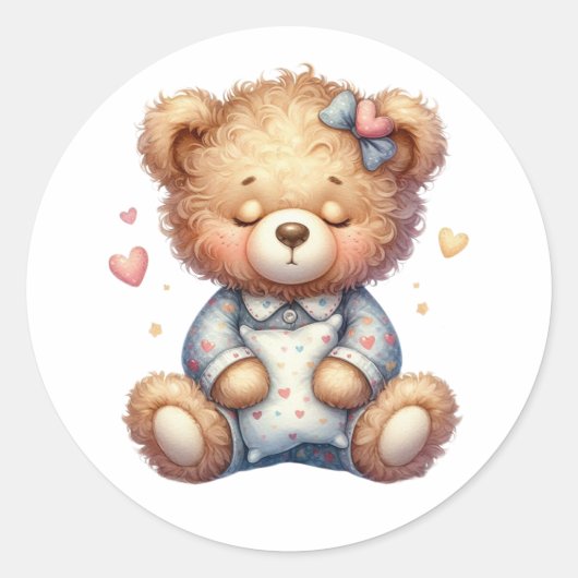 Slaperige teddybeer met kussen ronde sticker (Voorkant)