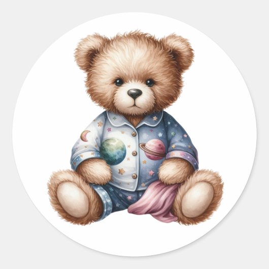 Slaperige teddybeer ronde sticker (Voorkant)