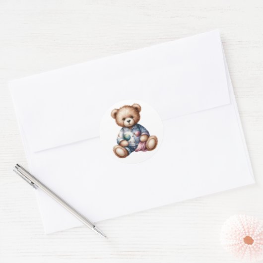 Slaperige teddybeer ronde sticker (Envelop)